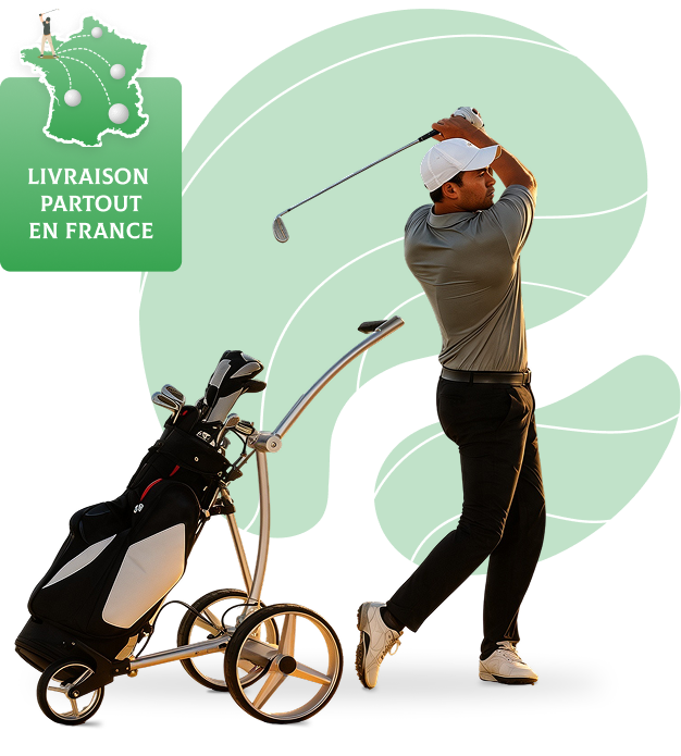 golfeur en train de jouer au golf accompagné d'un chariot électrique tubulaire